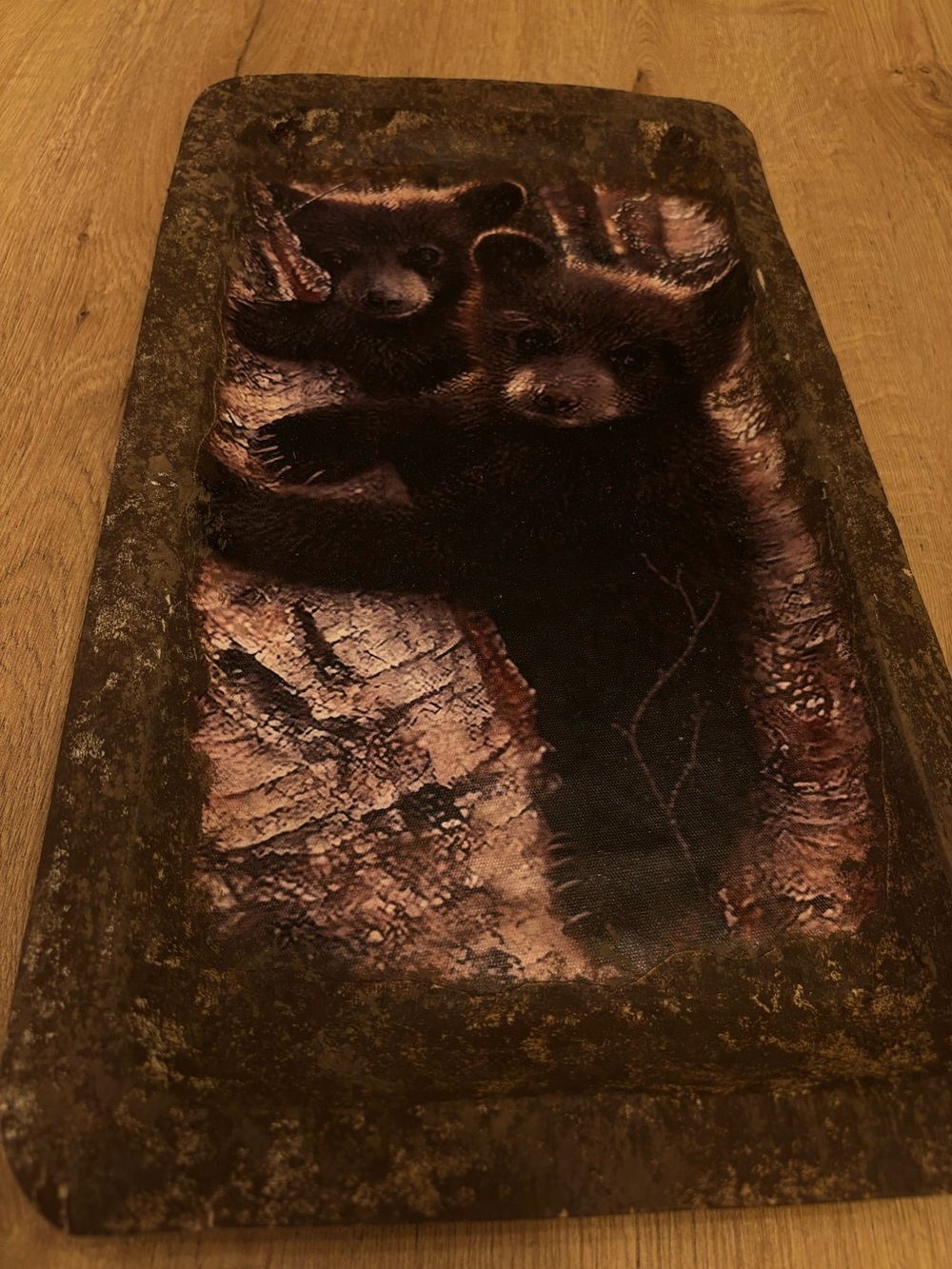 Wood Centerpiece Tray/ Bowl Hand carved Black Bear Cub Rustic Decorative